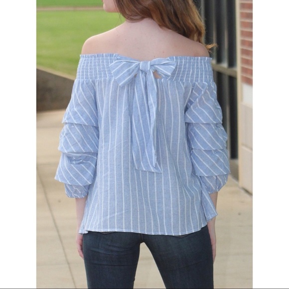 **NWT She and Sky Bow Front Detail Puff Sleeve Stripe Off the Shoulder Shirt - Picture 5 of 9
